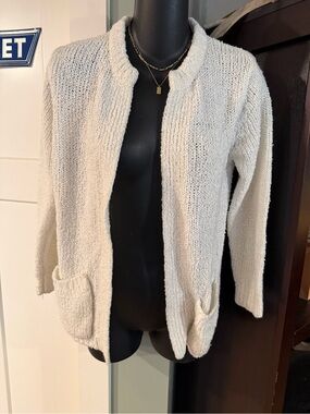 Alicia Petite Vintage Open-Front Women's Sweater Cardigan in Cream with Pocket